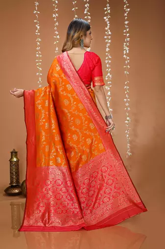 red silk blend zari woven work sarees