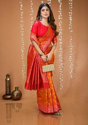 red silk blend zari woven work sarees 3
