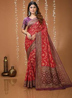 maroon silk blend zari woven work sarees 1