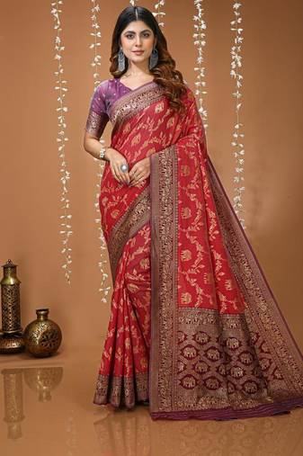 maroon silk blend zari woven work sarees