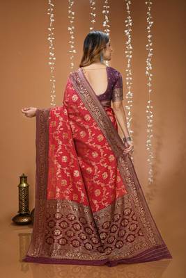 maroon silk blend zari woven work sarees 3