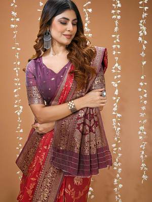 maroon silk blend zari woven work sarees 5
