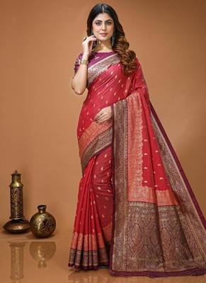 red silk blend zari woven work sarees 1