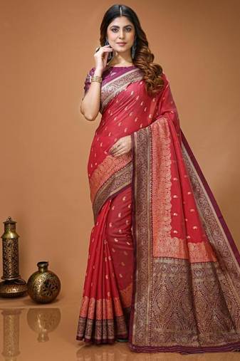 red silk blend zari woven work sarees