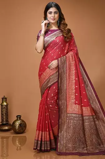 red silk blend zari woven work sarees