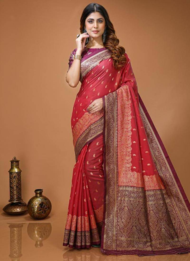 red silk blend zari woven work sarees
