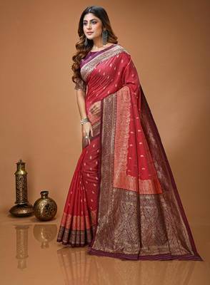 red silk blend zari woven work sarees 2