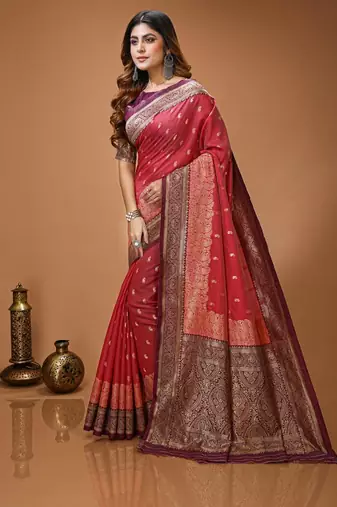 red silk blend zari woven work sarees