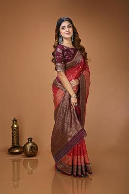 red silk blend zari woven work sarees 3