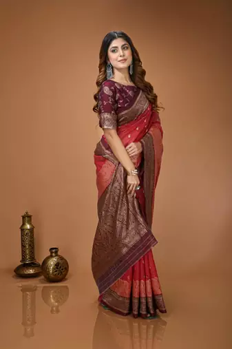 red silk blend zari woven work sarees