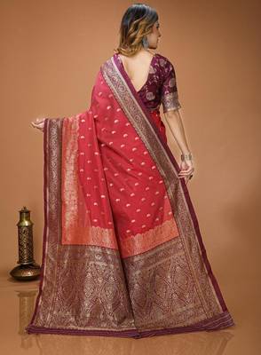 red silk blend zari woven work sarees 4