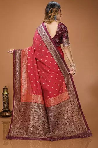 red silk blend zari woven work sarees