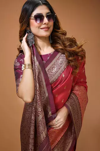 red silk blend zari woven work sarees