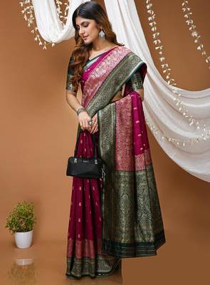 purple silk blend zari woven work sarees 4