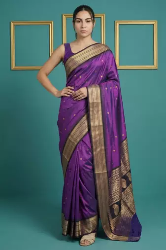 purple soft silk blend with gold zari motifs zari woven saree 