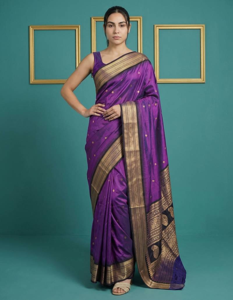 purple soft silk blend with gold zari motifs zari woven saree 