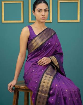 purple soft silk blend with gold zari motifs zari woven saree  3