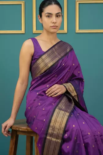 purple soft silk blend with gold zari motifs zari woven saree 