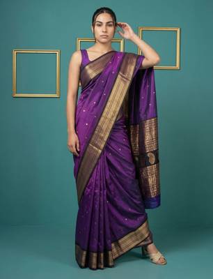 purple soft silk blend with gold zari motifs zari woven saree  5