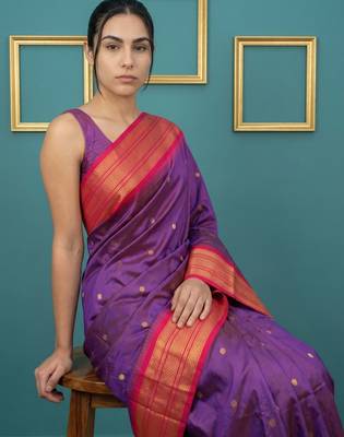 purple pink soft silk blend with gold zari motifs zari woven saree  2
