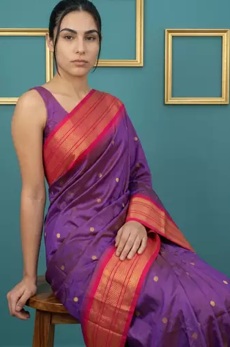 purple pink soft silk blend with gold zari motifs zari woven saree 