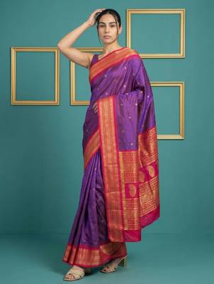 purple pink soft silk blend with gold zari motifs zari woven saree  5
