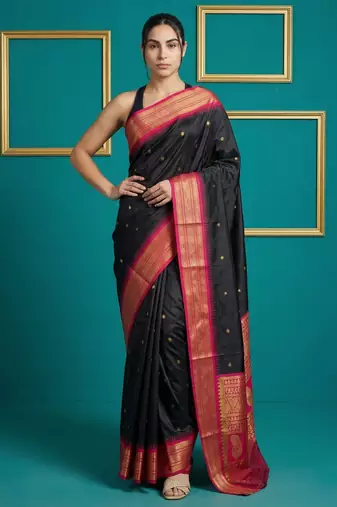 black soft silk blend with gold zari motifs zari woven saree 