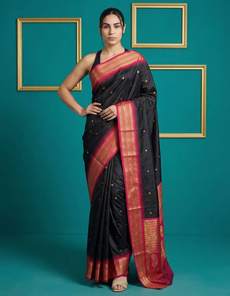 black soft silk blend with gold zari motifs zari woven saree 