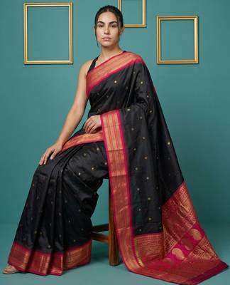 black soft silk blend with gold zari motifs zari woven saree  5