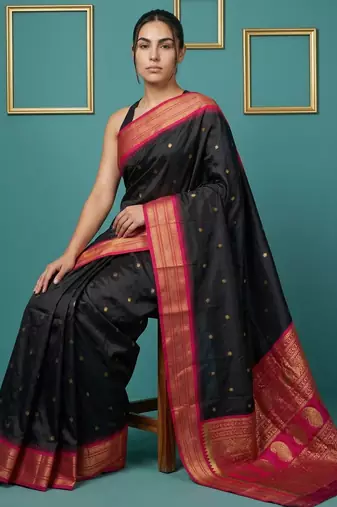 black soft silk blend with gold zari motifs zari woven saree 