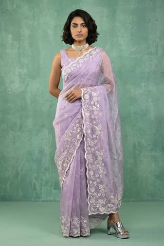 lavender chanda silk blend with floral -zari embroidered saree 