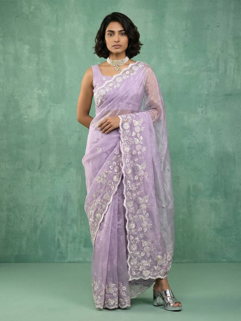 lavender chanda silk blend with floral -zari embroidered saree 