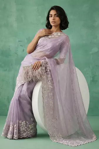 lavender chanda silk blend with floral -zari embroidered saree 