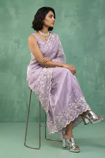 lavender chanda silk blend with floral -zari embroidered saree 