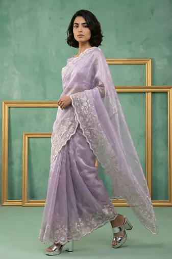 lavender chanda silk blend with floral -zari embroidered saree 