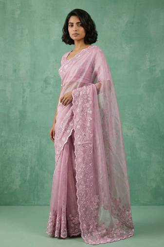 pink chanda silk blend with floral -zari embroidered saree 