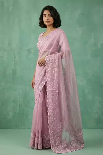 pink chanda silk blend with floral -zari embroidered saree 