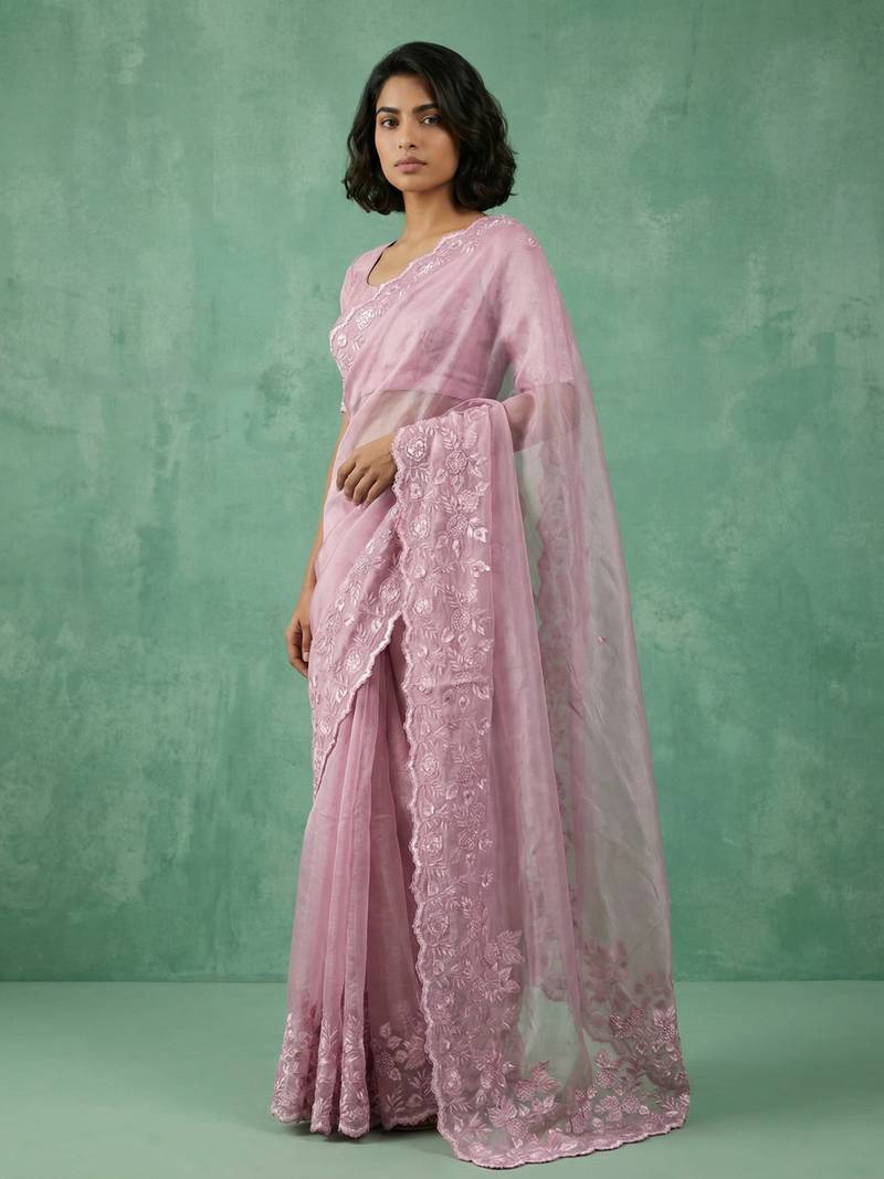 pink chanda silk blend with floral -zari embroidered saree 