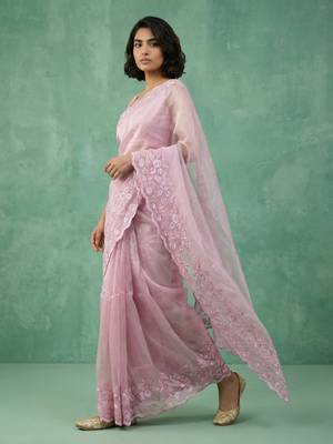 pink chanda silk blend with floral -zari embroidered saree  2
