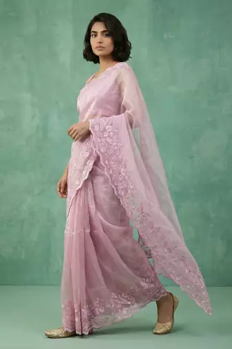 pink chanda silk blend with floral -zari embroidered saree 