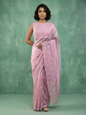 pink chanda silk blend with floral -zari embroidered saree  4