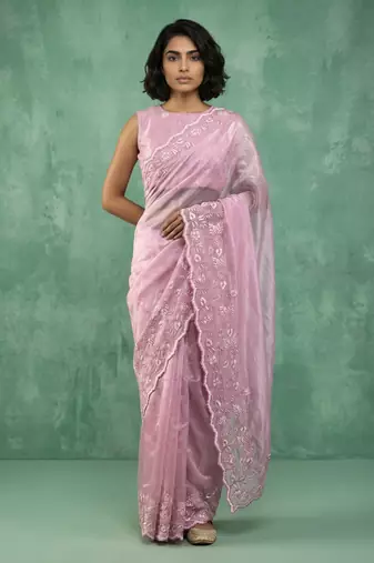 pink chanda silk blend with floral -zari embroidered saree 
