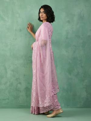 pink chanda silk blend with floral -zari embroidered saree  5
