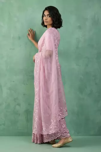 pink chanda silk blend with floral -zari embroidered saree 
