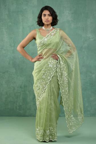 pista chanda silk blend with floral -zari embroidered saree 