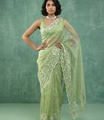 pista chanda silk blend with floral -zari embroidered saree 