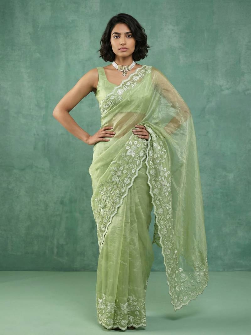 pista chanda silk blend with floral -zari embroidered saree 