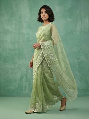 pista chanda silk blend with floral -zari embroidered saree  2