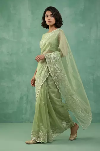 pista chanda silk blend with floral -zari embroidered saree 