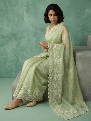 pista chanda silk blend with floral -zari embroidered saree  3